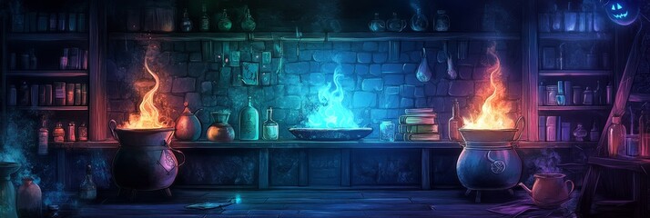 Enchanted potion brewing scene with vibrant flames in cauldrons, mystical shelves filled with bottles, and a magical atmosphere, perfect for fantasy storytelling and creative projects