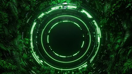 nature conservation concept. A glowing green digital portal surrounded by dense jungle leaves, blending futuristic technology with nature.