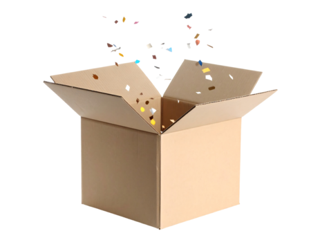Open Cardboard Box with Colorful Confetti Explosion