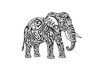 Fototapeta premium Tribal elephant drawing. It is a black and white outline image of an elephant adorned with intricate tribal patterns, reflecting ethnic art and symbolism. Vector sketch line art draw.