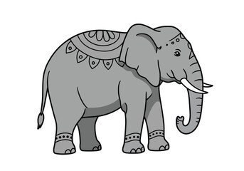 Fototapeta premium Decorated elephant drawing. It is a gray-colored outline image of an adorned elephant, showcasing traditional decorations and patterns, often seen in cultural festivals. Vector sketch line art draw.
