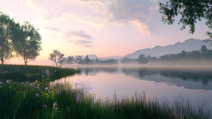 Obraz premium Serene Dawn at the Lake with Mist and Blooming Flowers