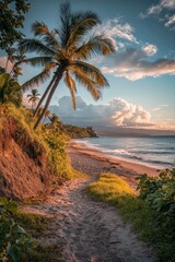 Scenic tropical beach pathway lined with palm trees, leading to the ocean under a vibrant sunset sky, creating a serene and inviting atmosphere for relaxation and escape