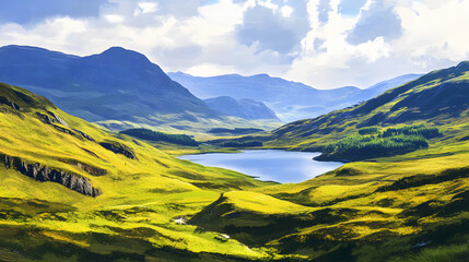Serene Highland Landscape with Rolling Hills and a Calm Lake