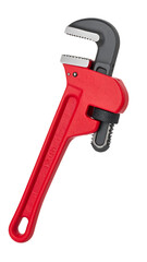 Red Metal Pipe Wrench with Serrated Grip on Transparent Background