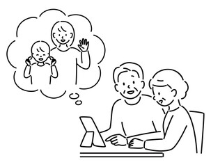 孫とビデオ通話する高齢者夫婦_横向き（線画）