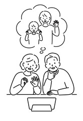 孫とビデオ通話する高齢者夫婦_正面（線画）