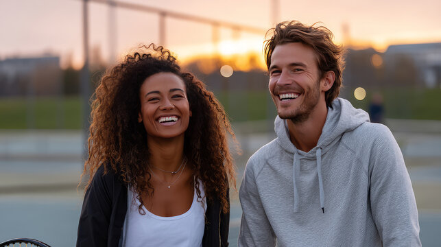 Happy young laughing couple with tennis racket and ball on the tennis court on a sunny day