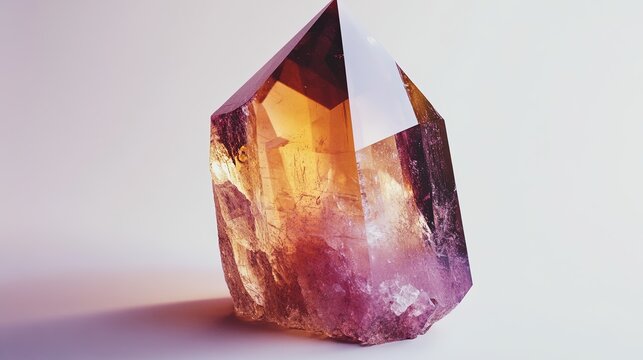 A single andalusite crystal with a pink to brown color and a vitreous luster. The crystal is prismatic in shape, with smooth surfaces and sharp edges. The background is neutral