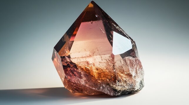 A single andalusite crystal with a pink to brown color and a vitreous luster. The crystal is prismatic in shape, with smooth surfaces and sharp edges. The background is neutral