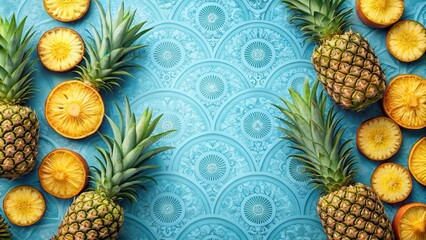 Fototapeta premium Tropical fruit arrangement on a calm blue background with intricate seamless pineapple slices pattern, decoration