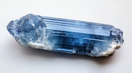 A single kyanite crystal with a blue to white color and a pearly luster. The crystal is bladed in shape, with smooth surfaces and sharp edges. The background is soft