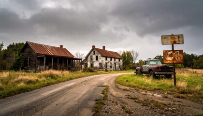 Fototapeta premium Remote rural rust old american town with truck on the road