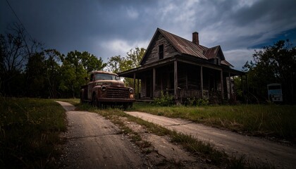 Remote rural rust old american town with truck on the road