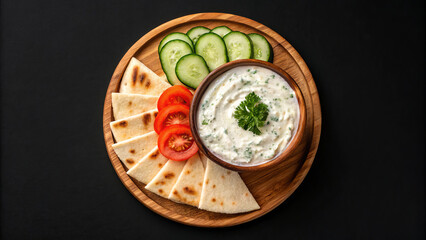 Traditional Greek zadziki. Sauce with vegetables and pita bread.