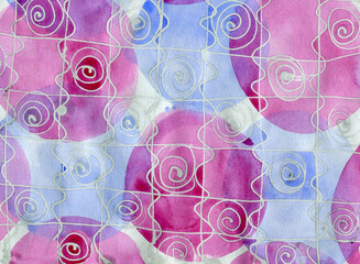 Abstract watercolor background, dynamic circles and spirals, calming meditation, modern pattern.