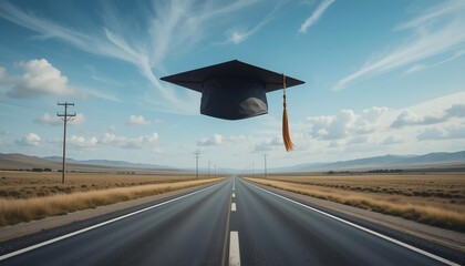 Graduation cap floating above an open road under clear sky, symbolizing the journey ahead after education