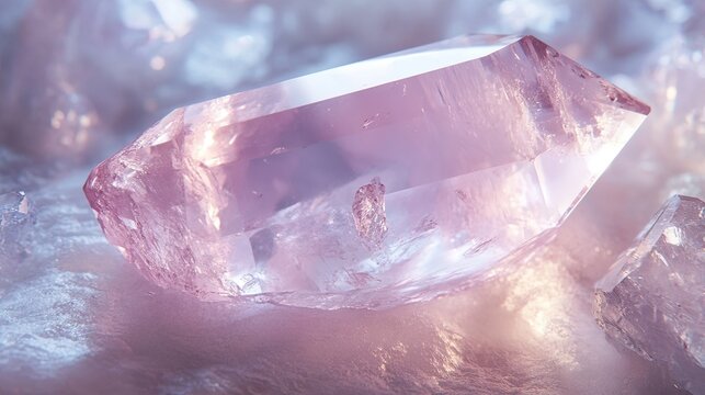 A single poudretteite crystal with a pale pink color and a glassy luster. The crystal is prismatic in shape, with smooth surfaces and sharp edges. The background is soft