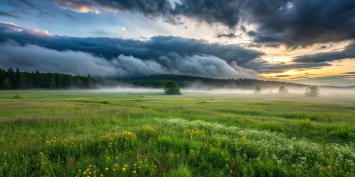 Dark grey clouds with dense thick fog rolling over a vast open field covered with lush green grass and tall wildflowers in the early morning hours, wildflowers, stormy weather