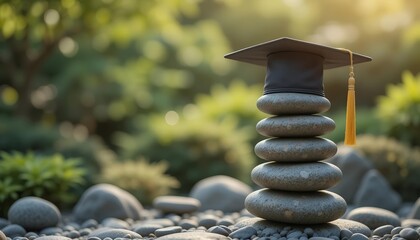 Graduation cap balanced on stack of stones in zen garden, symbolizing discipline, balance, and mental peace through learning