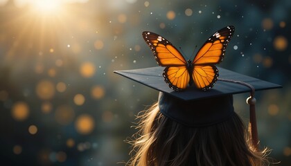 Graduation cap with butterfly wings, symbolizing personal evolution, freedom, and leaving the cocoon of school