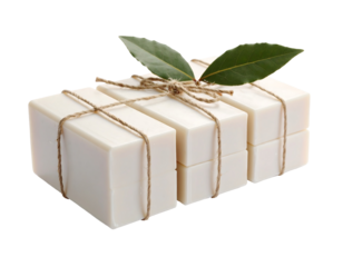 Four White Rectangular Soap Bars Tied with Twine and Bay Leaves