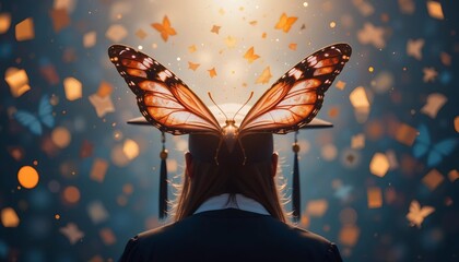 Graduation cap with butterfly wings, symbolizing personal evolution, freedom, and leaving the cocoon of school