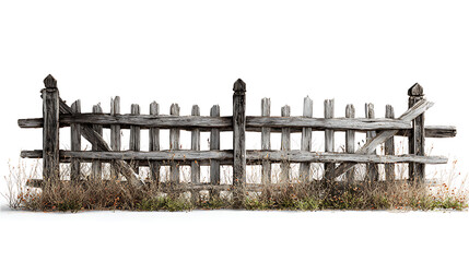 Naklejka premium Rustic wooden fence with overgrown grass.