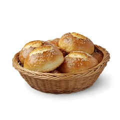 Freshly baked sesame seed buns arranged in a wicker basket against a white background