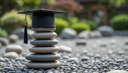 Graduation cap balanced on stack of stones in zen garden, symbolizing discipline, balance, and mental peace through learning