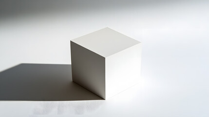 A minimalist white cube casting a shadow on a reflective surface