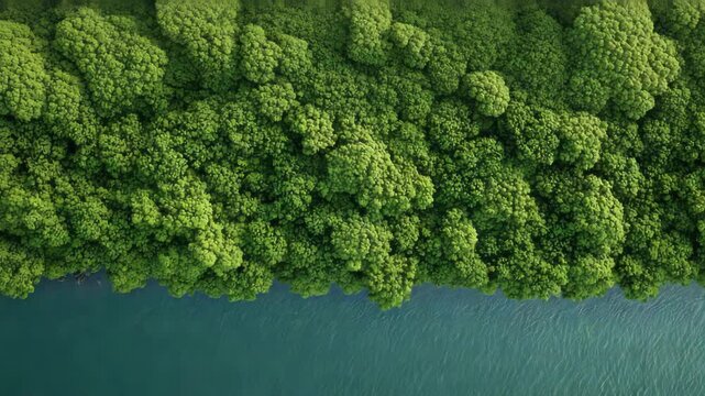 A lush green forest meets the calm blue water, viewed from above, showing a clear boundary between land and river.