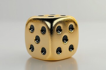 A shiny gold dice with a smooth reflective surface and black dots on a white background exudes luxury and elegance, perfect for showcasing themes of chance and high-end design.