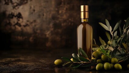 Luxurious bottle of olive oil with fresh olives and olive branches for product display