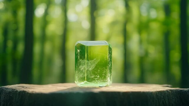 A green rectangular crystal sits on a tree stump with a blurred forest background and sunlight filtering through.