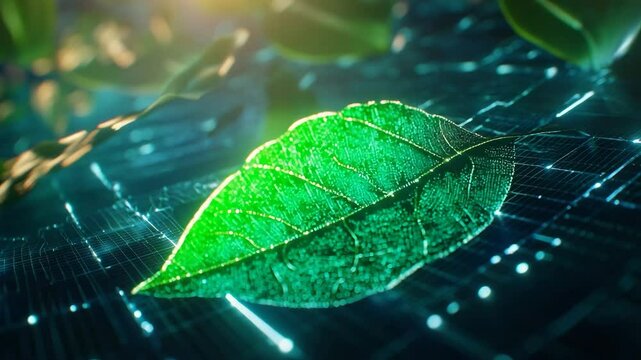 A green leaf with digital elements glows against a futuristic, grid-like background, symbolizing the fusion of nature and technology.
