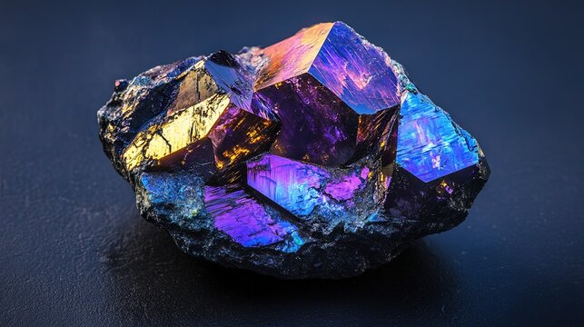 A single bornite mineral with a metallic purple to blue color and a iridescent luster. The mineral has a rough, textured surface with natural imperfections. The background is dark