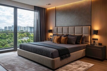 Fototapeta premium A luxurious modern bedroom with a plush bed, patterned wallpaper, and stunning city views combines elegance and comfort, creating a cozy yet sophisticated retreat.