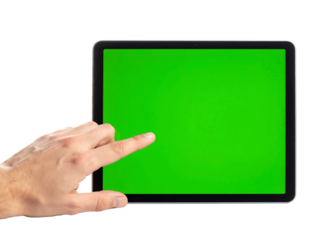 Hand Using Tablet with Green Screen on Transparent Background