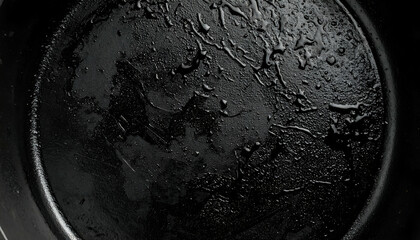 close-up top view of black cast iron skillet surface with oily sheen and cooking residue, abstract dark kitchen texture background
