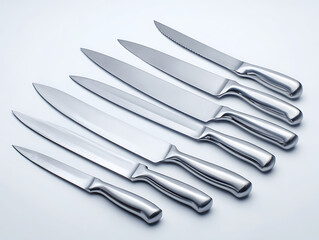 Set of professional kitchen knives on a surface.