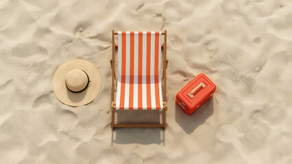 Overhead View of Beach Relaxation Setup with Deck Chair, Sun Hat, and Cooler on Sand
