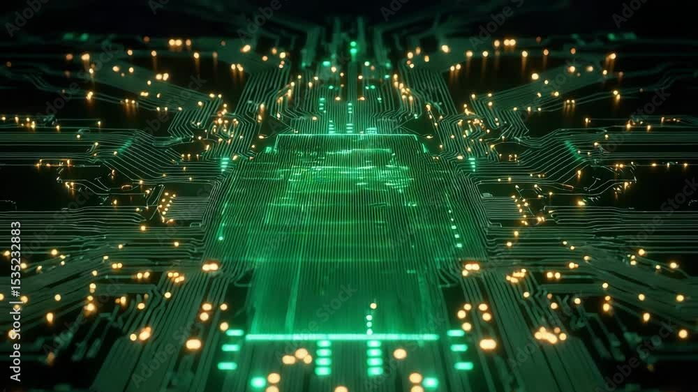 Poster nature conservation concept. a glowing microchip with illuminated circuitry pathways and small brigh