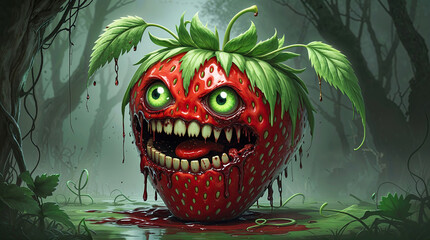Creepy and spooky illustration of a strawberry zombie dripping blood, featuring sharp teeth and glowing green eyes, set in a dark forest, creating a sinister and eerie Halloween atmosphere