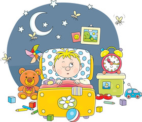 Angry and annoying mosquitoes buzzing around a little boy sleeping in his small bed among toys in a pretty nursery room on a moonlit night, vector cartoon illustration