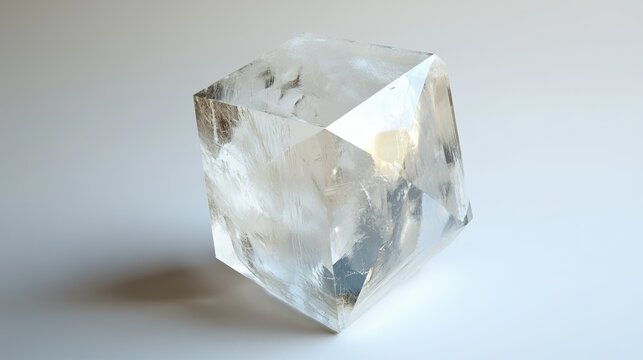 A single sylvite crystal with a transparent to white color and a glassy luster. The crystal is cubic in shape, with smooth surfaces and sharp edges. The background is neutral