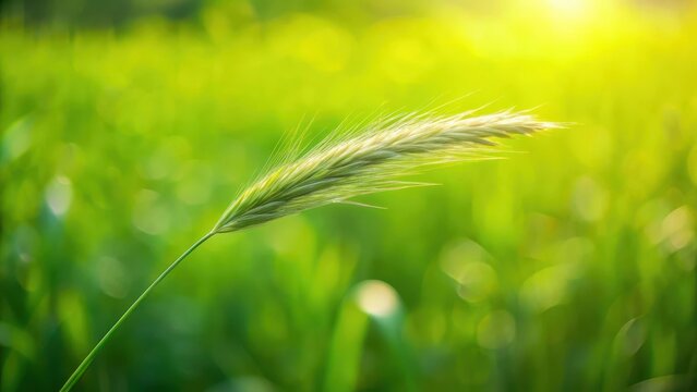 A close-up shot of a single blade of grass in focus against a seamless blend of lush green grasses swaying gently in the breeze