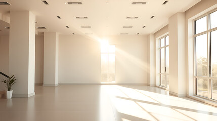 Obraz premium A modern, empty room well-lit by sun rays streaming through large windows, featuring minimalistic interior design elements and a neutral color palette.