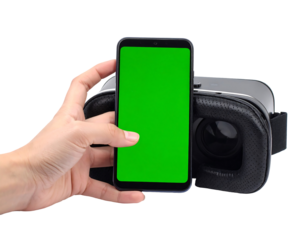 Hand Inserting Smartphone into VR Headset with Green Screen