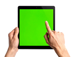 Hands Zooming on Green Tablet Screen